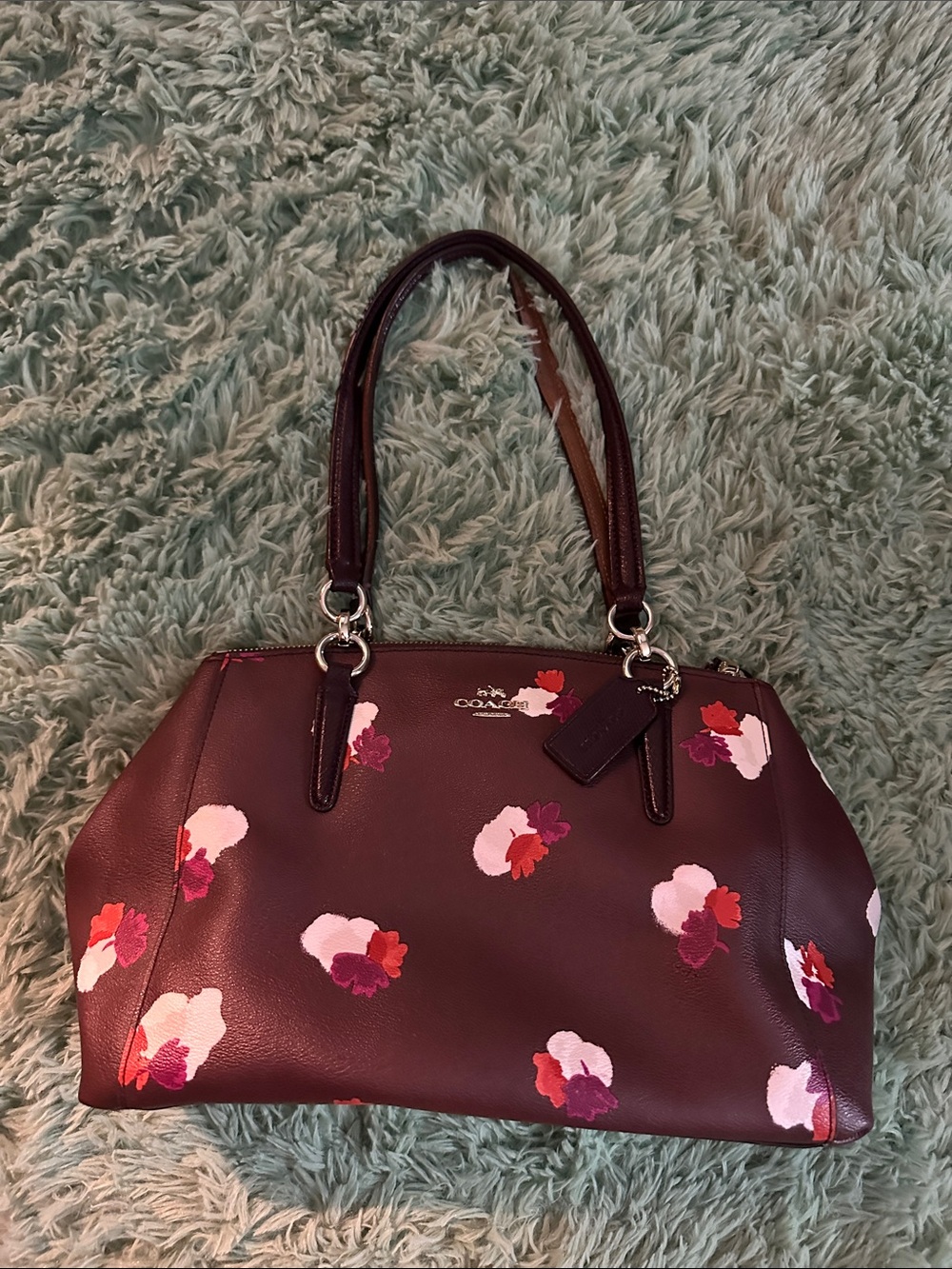 Coach Burgundy Floral Leather Tote with Dual Handles